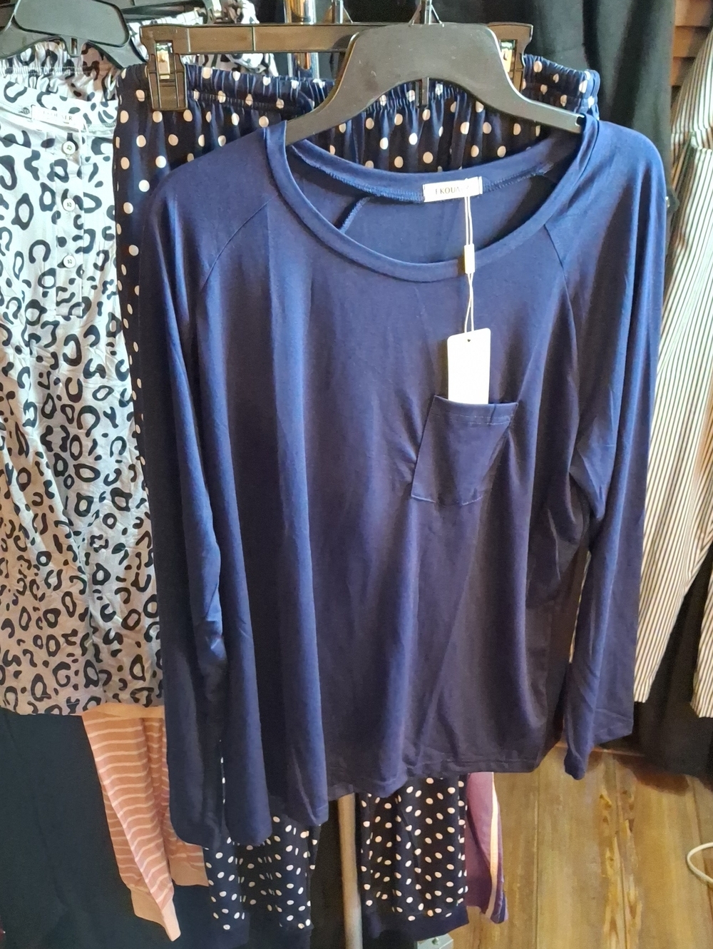 Ekouaer Navy Long-Sleeve Pocket Tee & Polka Dot Pants NWT 2XL